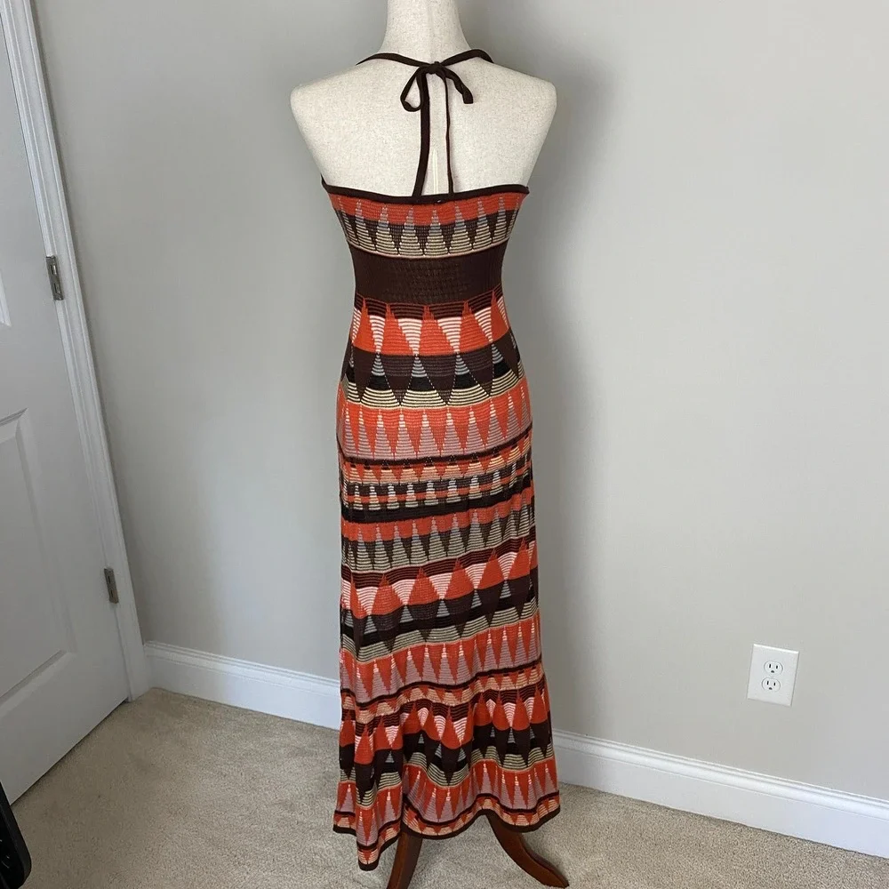 Arden B Geometric Knit Halter Maxi Dress Small Orange Boho Y2K Beachy - Picture 2 of 7